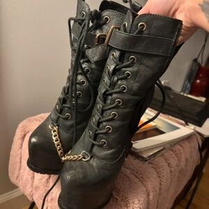 Zigi Soho Black Lace-Up Platform Ankle Boots with Gold Chain